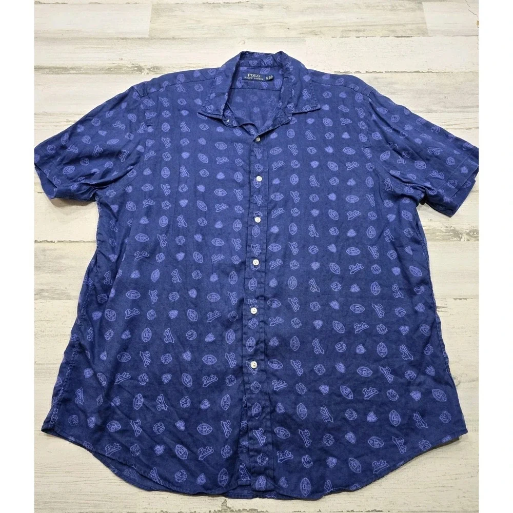 Polo Ralph Lauren Mens XL Navy Blue 100% Linen Crest Logo‎ Short Sleeve Shirt